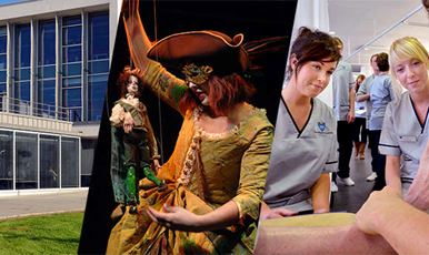 Collage of ϲ, a puppeteer on stage and two nursing students